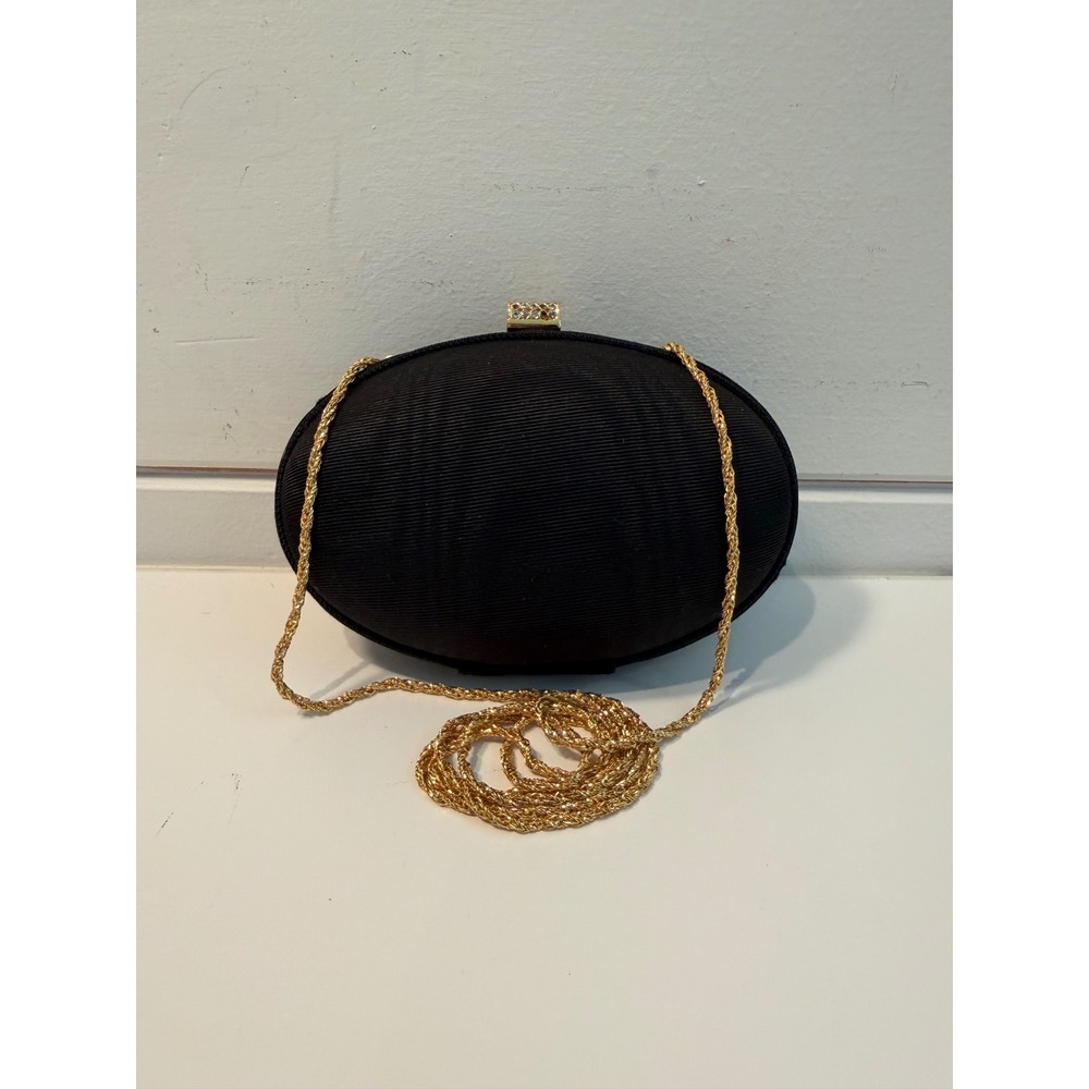 Bally Vintage Black Grosgrain Oval Minaudiere Clutch Gold Chain Crystal Clasp